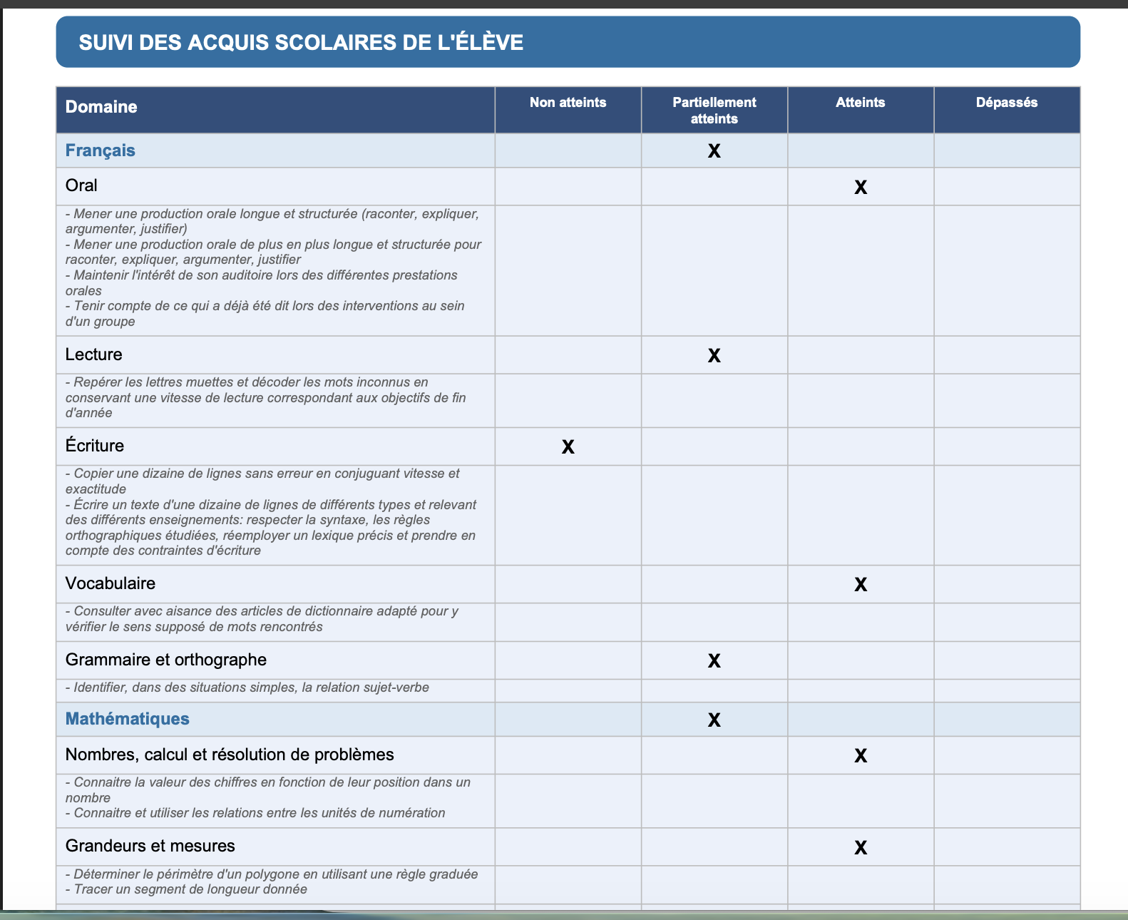 Livret scolaire exporté en PDF