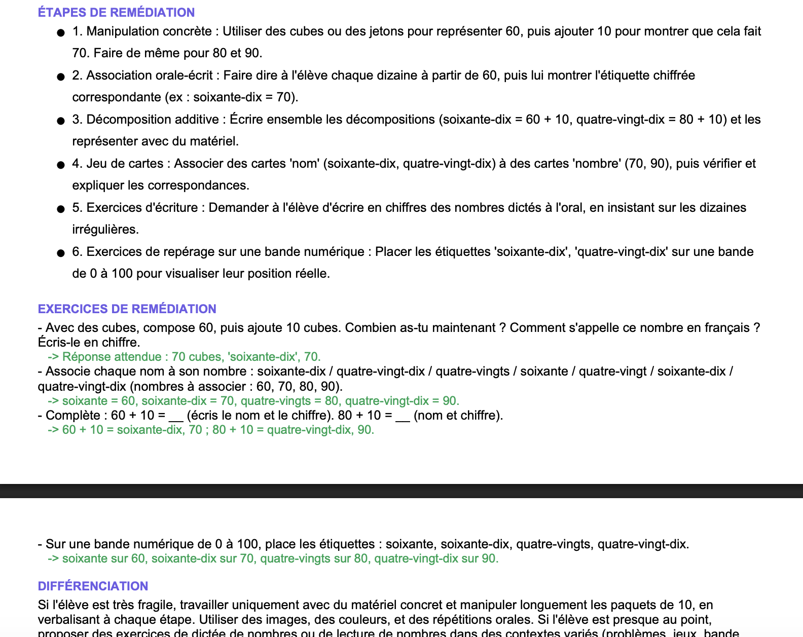 Remédiation générée pour l'élève