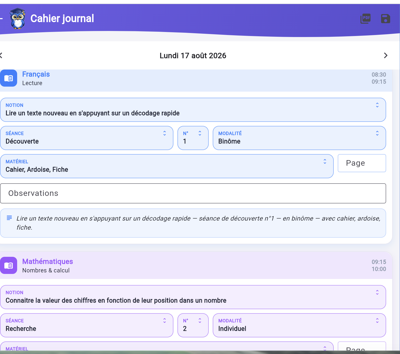 Cahier journal dans l'application