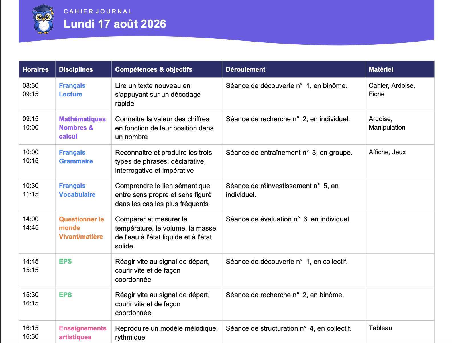 Cahier journal exporté en PDF
