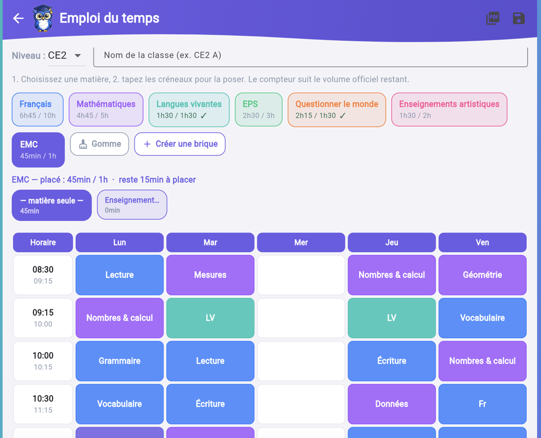 Emploi du temps de la classe